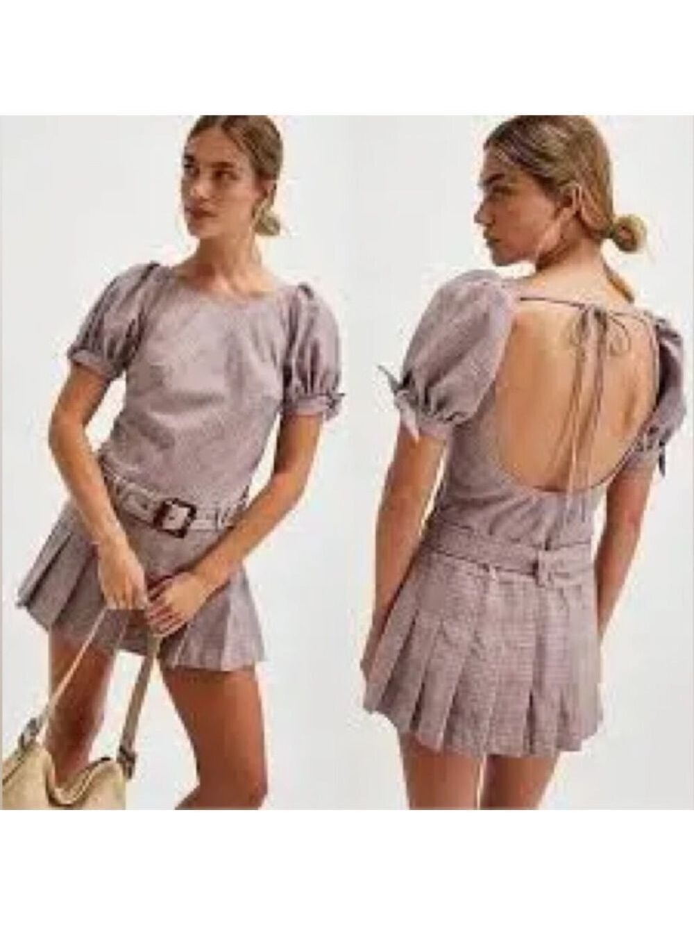 FREE PEOPLE Sevi Plaid Puff Sleeve Mini Dress with Belt. NWOT Size S - Picture 7 of 7